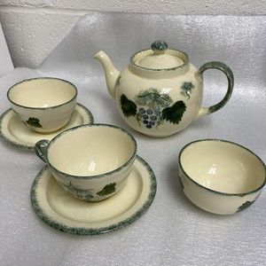 7pc Vintage England Handpaint Poole Pottery Green Vineyard Grape Teapot cup set